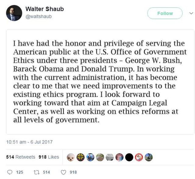 A tweet from Walter Shaub saying: "In working with the current administration, it has become clear to me that we need improvements to the existing ethics program."