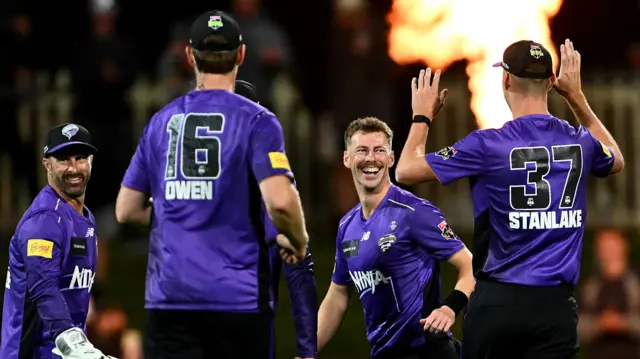 Riley Meredith celebrates a wicket for Hobart Hurricanes
