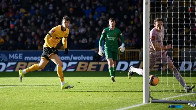 Jorgen Strand Larsen of Wolverhampton Wanderers scores his team's first goal