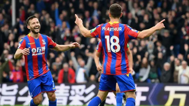 Yohan Cabaye and James McArthur celebrate a goal for Crystal Palace
