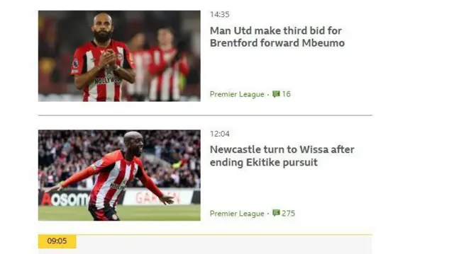 BBC Sport image of two stories back to back - Man Utd make third bid for Mbeumo is one story. The other is Newcastle turn to Wissa after ending Ekitike pursuit.