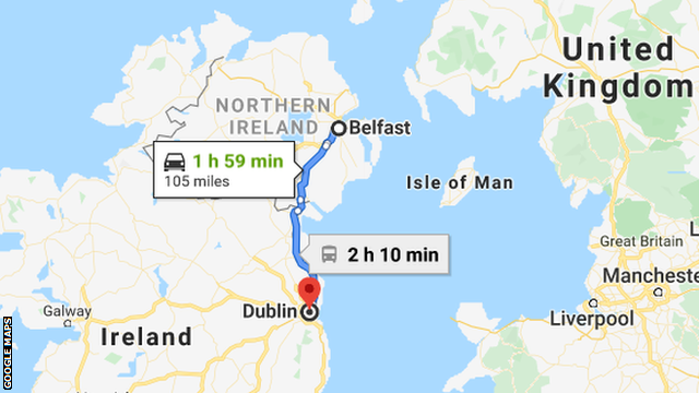 A map showing the route from Belfast to Dublin