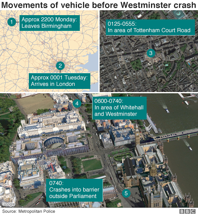 Map showing the movements of the vehicle in the hours before it crashed into a barrier outside Parliament