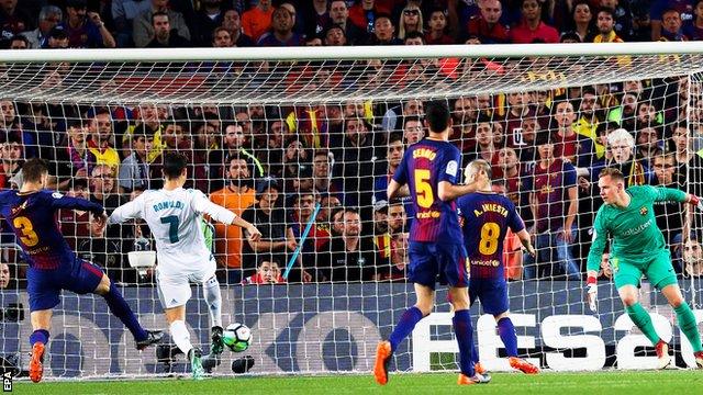 Cristiano Ronaldo scores for Real Madrid against Barcelona