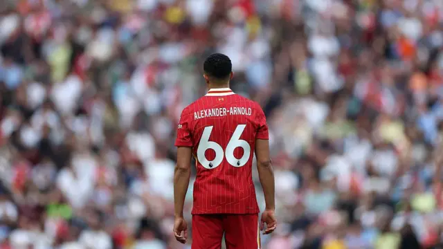 Trent Alexander-Arnold of Liverpool looks on during the Premier League match between Liverpool FC and Arsenal FC at Anfield.
