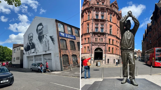 A split image of a Forest mural and Brian Clough statue