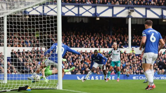 Bruno Guimaraes sees his shot cleared off the line by Iliman Ndiaye