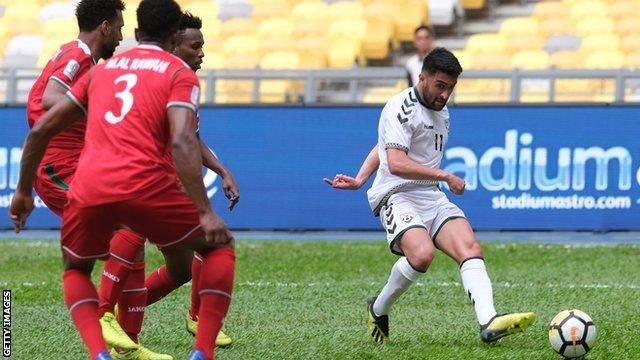 Maziar Kouhyar in action for Afghanistan against Oman in in Kuala Lumpur, Malaysia, in 2019