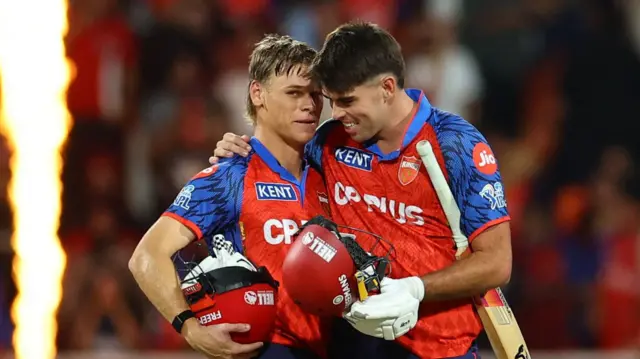 Cooper Connolly and Xavier Bartlett celebrate getting Punjab Kings over the line against Gujarat Titans.