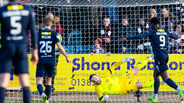 Dundee's Jordan McGhee scores against Hearts