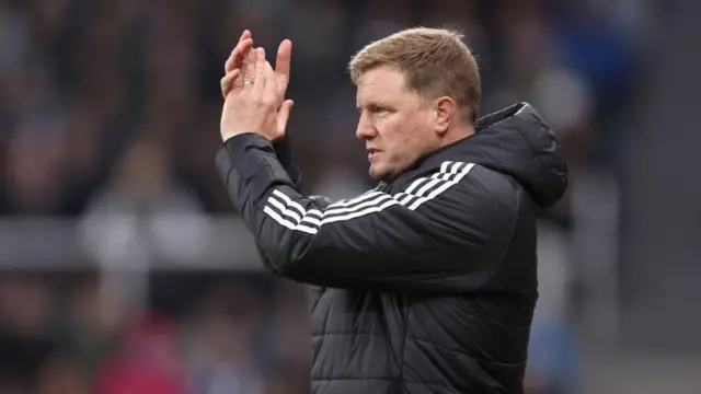 Eddie Howe, Manager of Newcastle, applauds his team