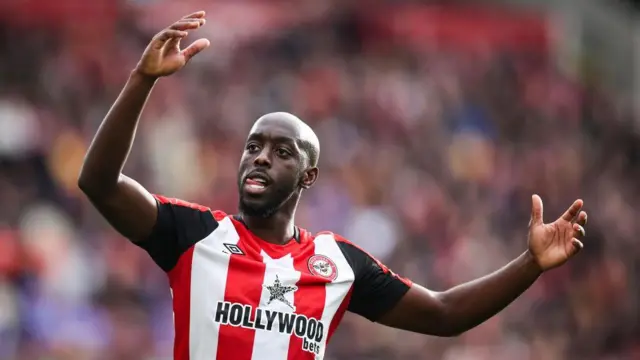 Yoane Wissa of Brentford celebrates after scoring his teams second goal during the Premier League match between Brentford FC and Ipswich Town FC at Gtech Community Stadium