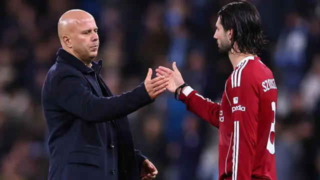 Dominik Szoboszlai and Arne Slot shake hands