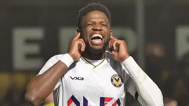 Offrande Zanzala celebrates scoring for Newport at Harrogate last season