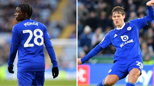 Side-by-side images of Jeremy Monga and Jannik Vestergaard playing for Leicester City in their bright blue home kit