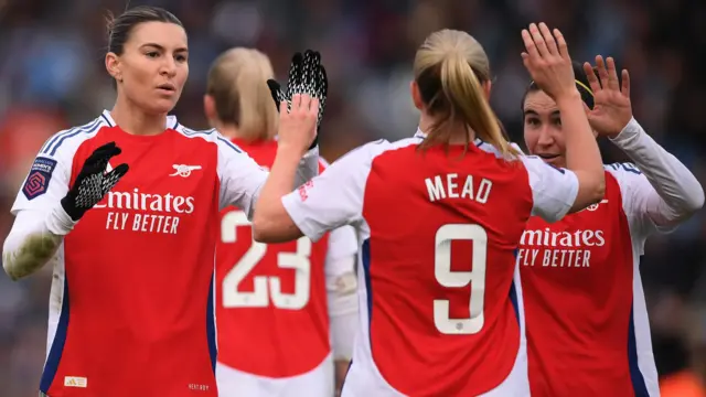 Arsenal Women celebrate scoring against Manchester City