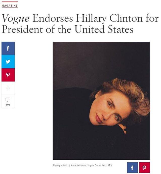 A screengrab from Vogue.com showing how the magazine endorsed Hillary Clinton