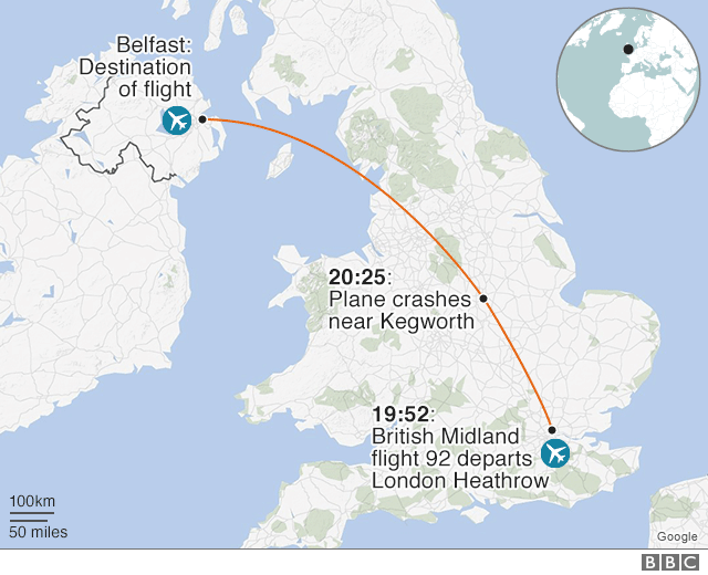 Map showing route of British Midland flight 92