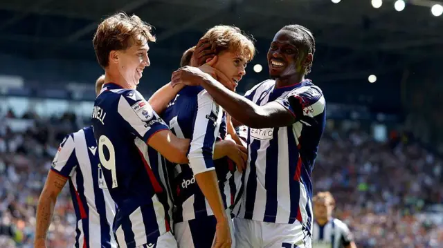 West Bromwich Albion players celebrating one of two Isaac Price goals in their 3-1 win against Burnley at The Hawthorns on Sunday