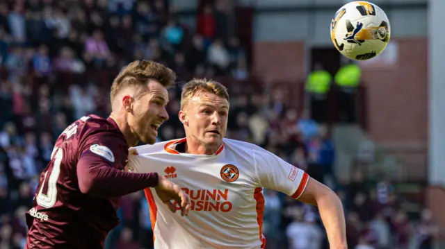 Dundee United's Sam Dalby (R) and Hearts' James McCart in action during a William Hill Premiership match between Heart of Midlothian and Dundee United at Tynecastle Park