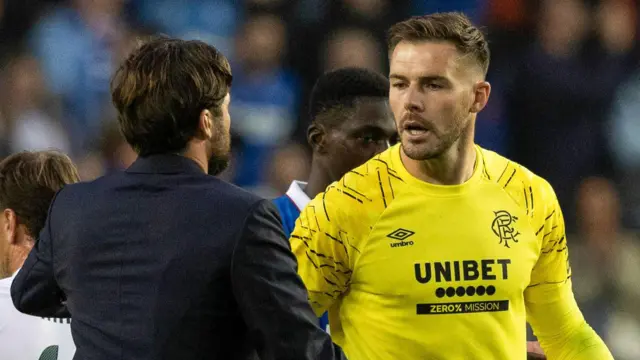 Rangers head coach Russell Martin and Jack Butland at full time during a UEFA Champions League Second Round Qualifier First Leg match between Rangers and Panathinaikos at Ibrox Stadium