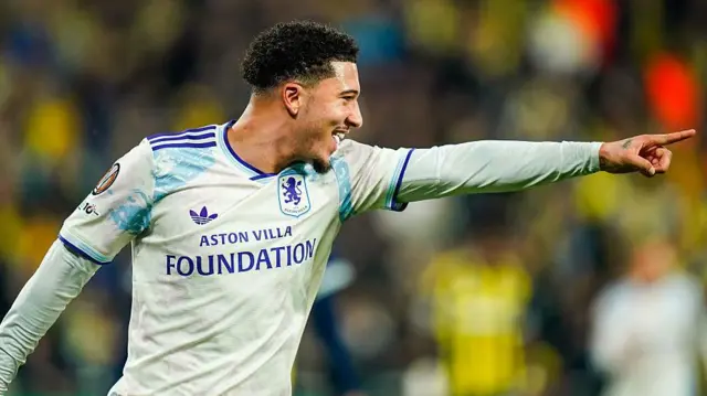 Jadon Sancho celebrates a goal for Aston Villa