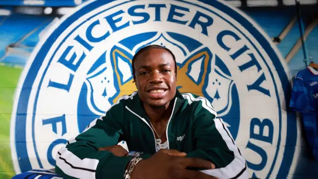 Leicester City's new signing Abdul Fatawu poses at King Power Stadium on July 16, 2024