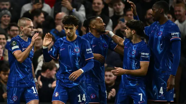 Christopher Nkunku (C) of Chelsea celebrate with Mykhailo Mudryk (L), Joao Felix(2nd L), Pedro Neto (2nd R), Tosin Adarabioyo (R) after scoring the third goal of their team during the UEFA Conference League 2024/25 League Phase MD1