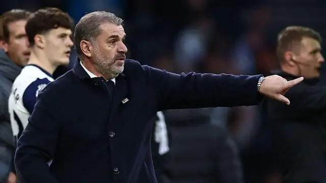 Tottenham Hotspur's Greek-Australian Head Coach Ange Postecoglou gestures on the touchline during the English Premier League football match between Tottenham Hotspur and Fulham at the Tottenham Hotspur Stadium