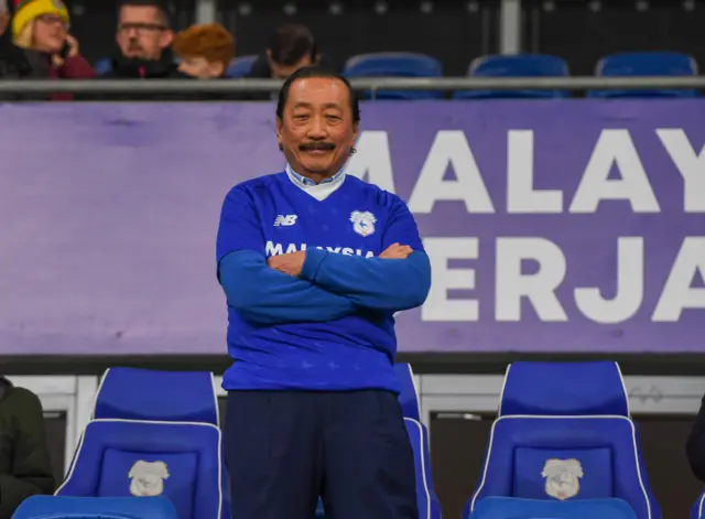 Cardiff City owner Vincent Tan looks on from the stands at Cardiff City Stadium