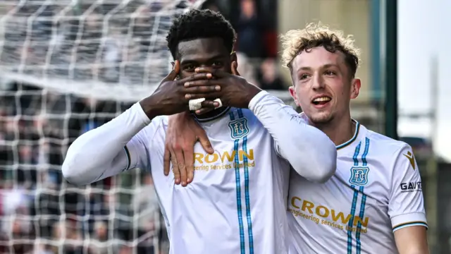 Amadou Bakayoko celebrates scoring the winner for Dundee against St Johnstone