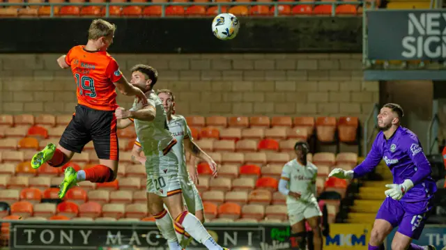 Dundee United's Sam Dalby scores to make it 1-1 during a William Hill Premiership match between Dundee United and Motherwell at the CalForth Construction Arena at Tannadice Park,