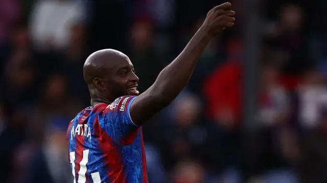 Crystal Palace's French striker #14 Jean-Philippe Mateta celebrates on the pitch after the English Premier League football match between Crystal Palace and Tottenham Hotspur at Selhurst Park