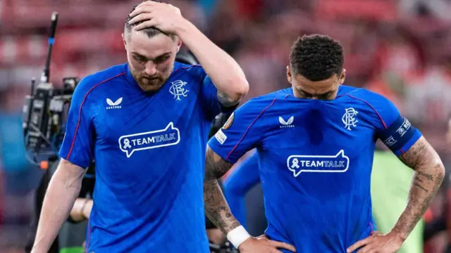 Rangers John Souttar and James Tavernier at Full Time during a Europa League Quarter-Final Second Leg match between Athletic Club and Rangers at the Estadio de San Mames