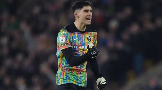 Norwich City goalkeeper Vicente Reyes celebrates a goal in the 1-1 draw against Oxford United at Carrow Road