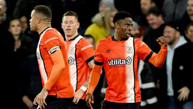 Luton Town players celebrate Chiedozie Ogbene's goal