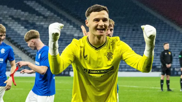 Mason Munn celebrates Rangers' Youth Cup final win