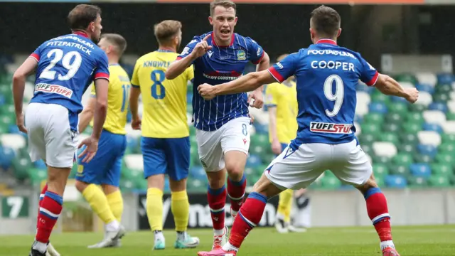 Kyle McClean celebrates after scoring for Linfield against Dungannon Swifts