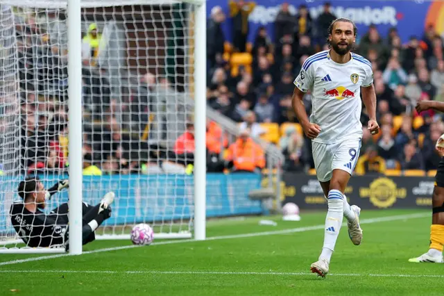 Dominic Calvert-Lewin celebrates after scoring his first Leeds United goal at Wolverhampton Wanderers