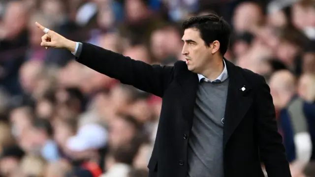 Andoni Iraola, manager of AFC Bournemouth, reacts during the Premier League match against Aston Villa FC at Villa Park