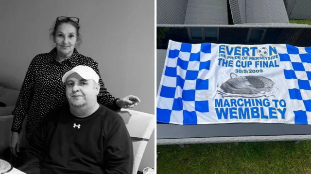 Split picture of Everton fan Robbie and his wife Shell and a picture of a flag for the FA Cup semi-final in 2009