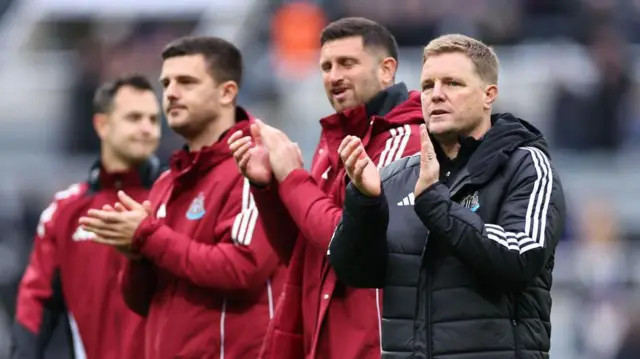 Eddie Howe the head coach / manager of Newcastle United applauds the fans at full time during the Premier League match between Newcastle United FC and Arsenal FC at St James' Park