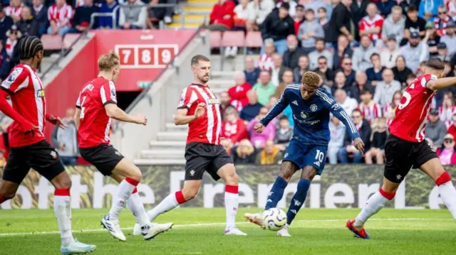 Manchester United's Marcus Rashford in action during the Premier League match between Southampton and Manchester United at St Mary's Stadium.