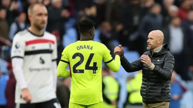 Man Utd manager Erik ten Hag embraces goalkeeper Andre Onana