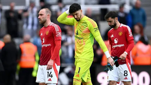 Christian Eriksen, Altay Bayindir and Bruno Fernandes after defeat