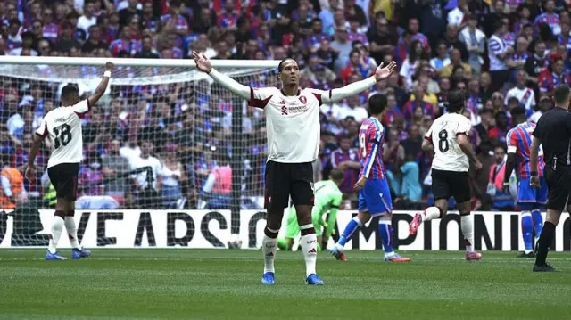 Virgil van Dijk celebrates Hugo Ekitike's goal during the 2025 FA Community Shield match against Crystal Palace 