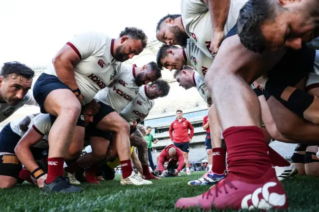 Scrum time with Jack Conan, Will Stuart, Ronan Kelleher, Andrew Porter, Tadhg Furlong, Dan Sheehan and Pierre Schoeman during the British and Irish Lions Captain's run