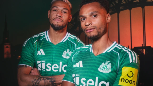 Joelinton and Jacob Murphy model the new green away kit