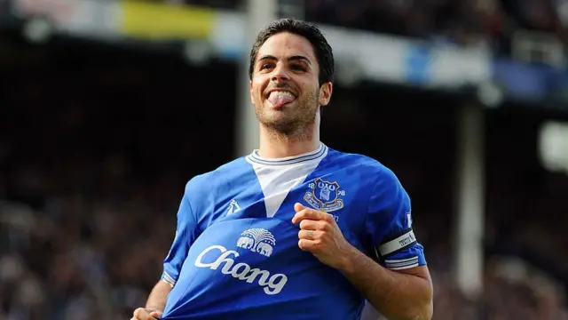 Mikel Arteta celebrates scoring a goal for Everton