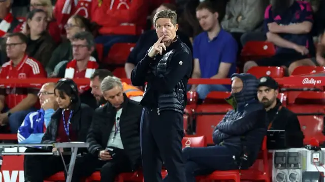 Oliver Glasner, manager of Nottingham Forest, looks on